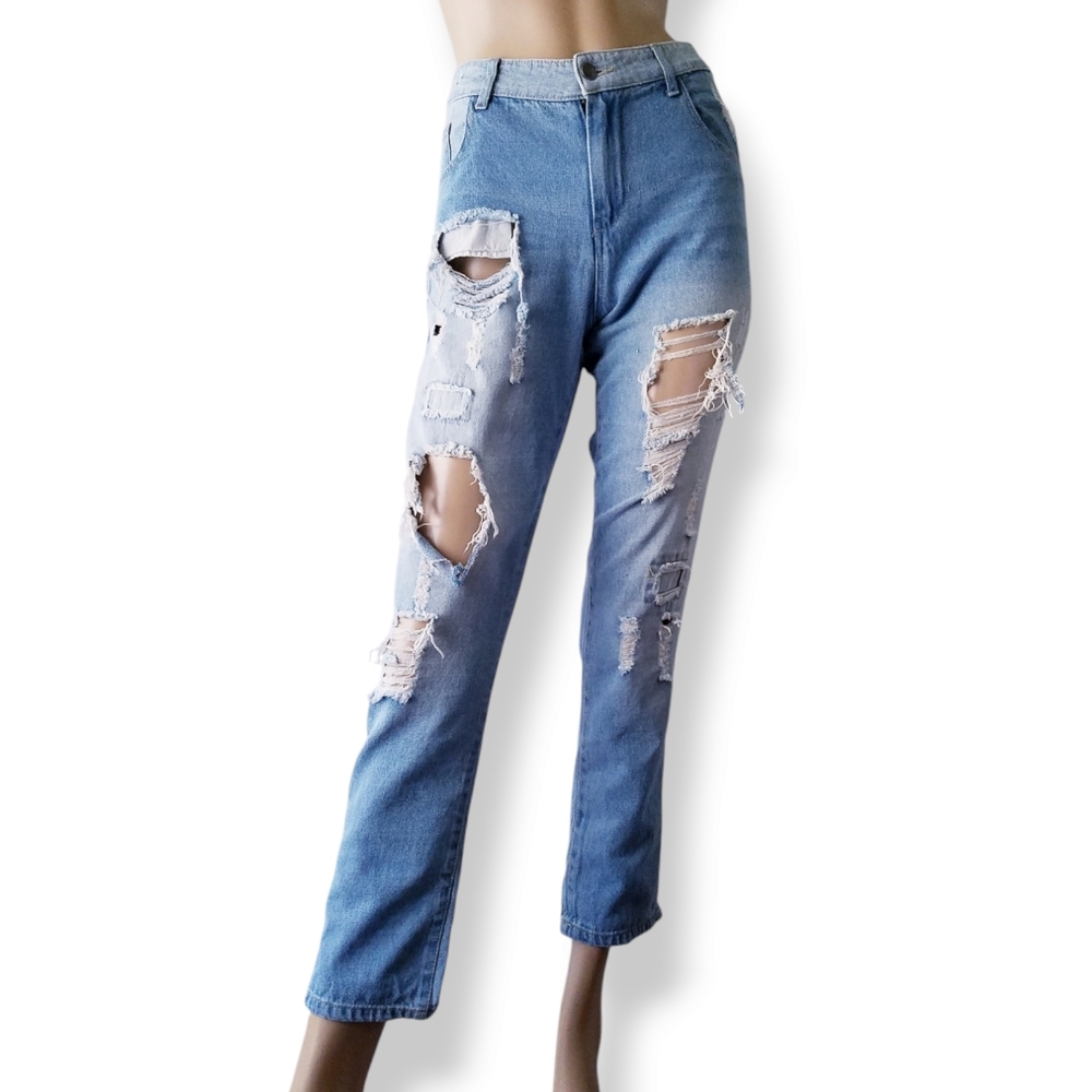 Forever 21 Distressed Two Tone Blue High Waisted Jeans Size Medium